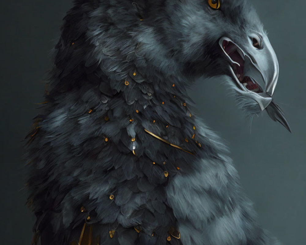Illustration of Mythical Creature: Wolf Body, Golden Armor Accents, Eagle Head