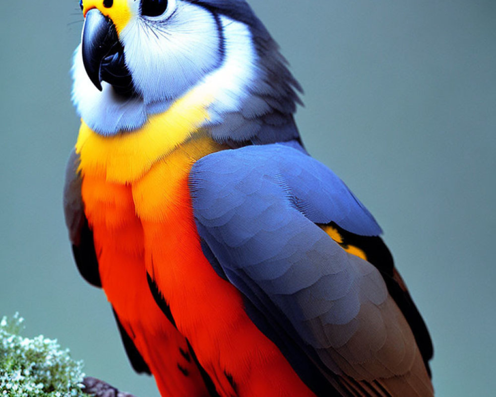 Colorful Parakeet with Yellow Head, Orange Chest, and Blue Wings on Branch