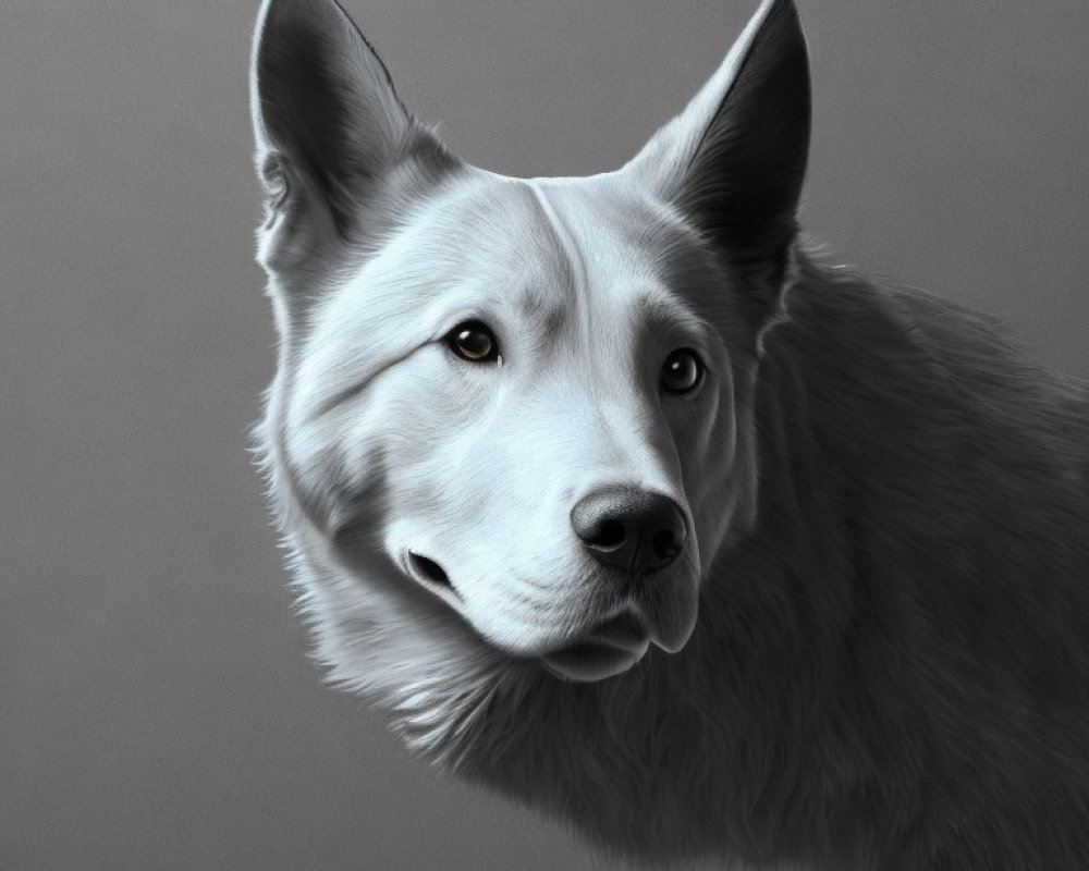 Monochrome dog with perked ears on gray background