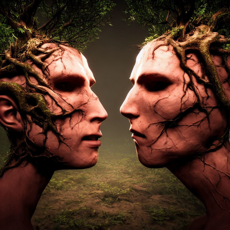 Humanoid Faces with Bark-like Skin and Branch Hair in Foggy Forest