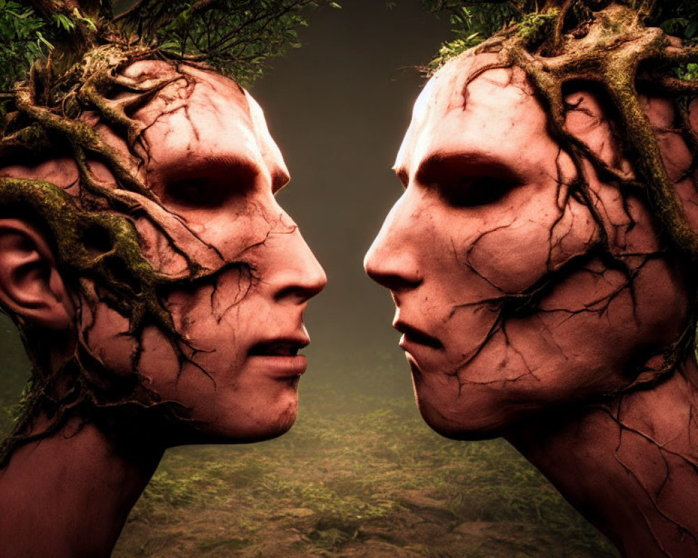Humanoid Faces with Bark-like Skin and Branch Hair in Foggy Forest