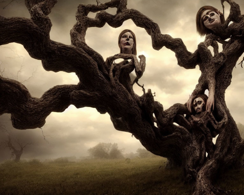 Eerie bare trees twisted into humanoid figures under gloomy sky