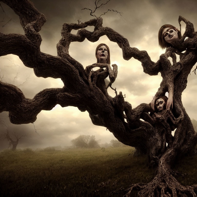 Eerie bare trees twisted into humanoid figures under gloomy sky