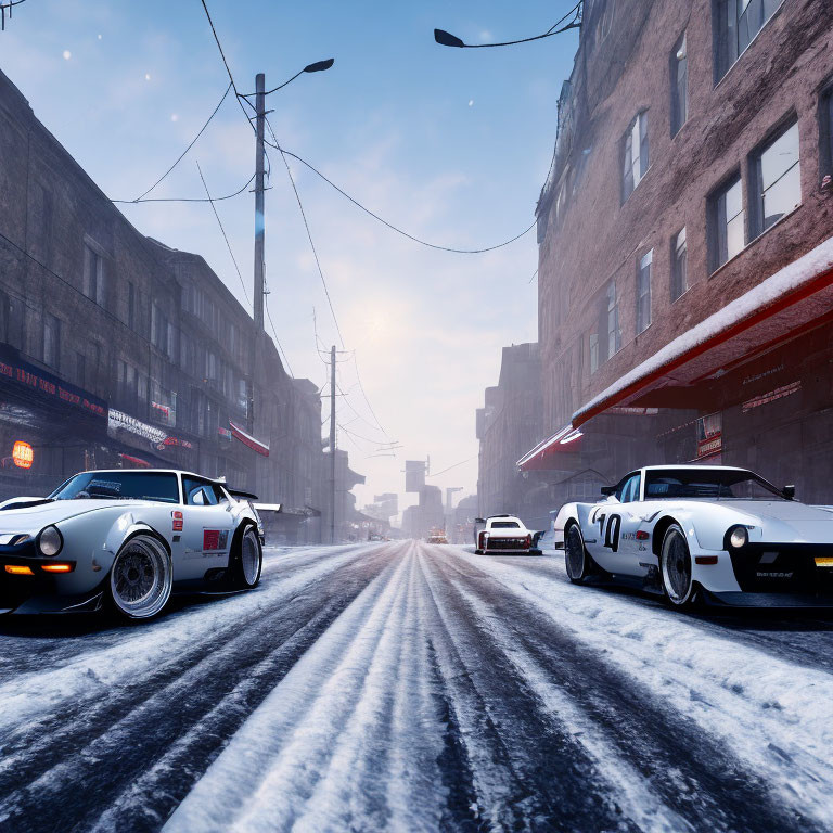 Vintage Sports Cars Parked on Snow-Covered Street in Falling Snow