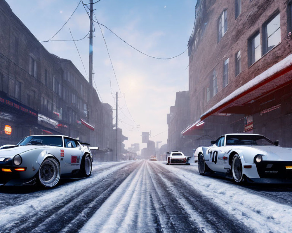 Vintage Sports Cars Parked on Snow-Covered Street in Falling Snow