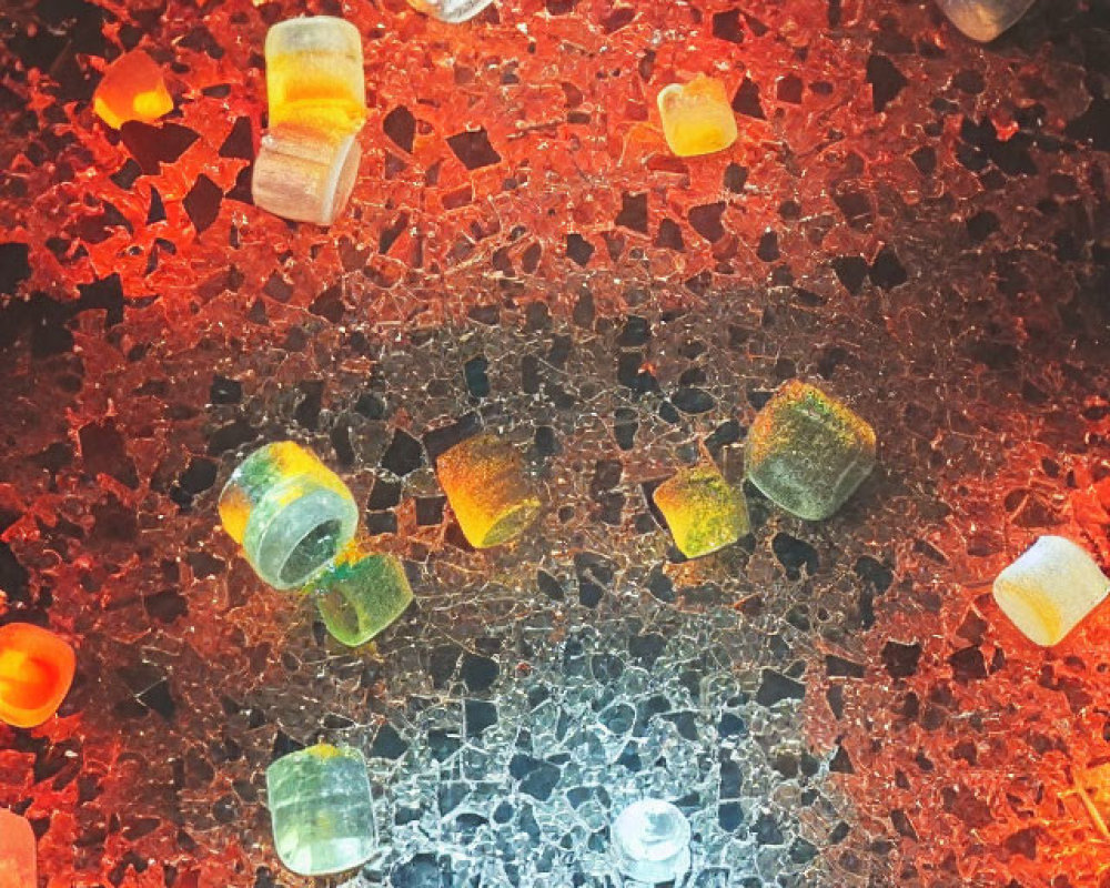 Assorted Colorful Glass Beads on Cracked Surface with Reddish Glow