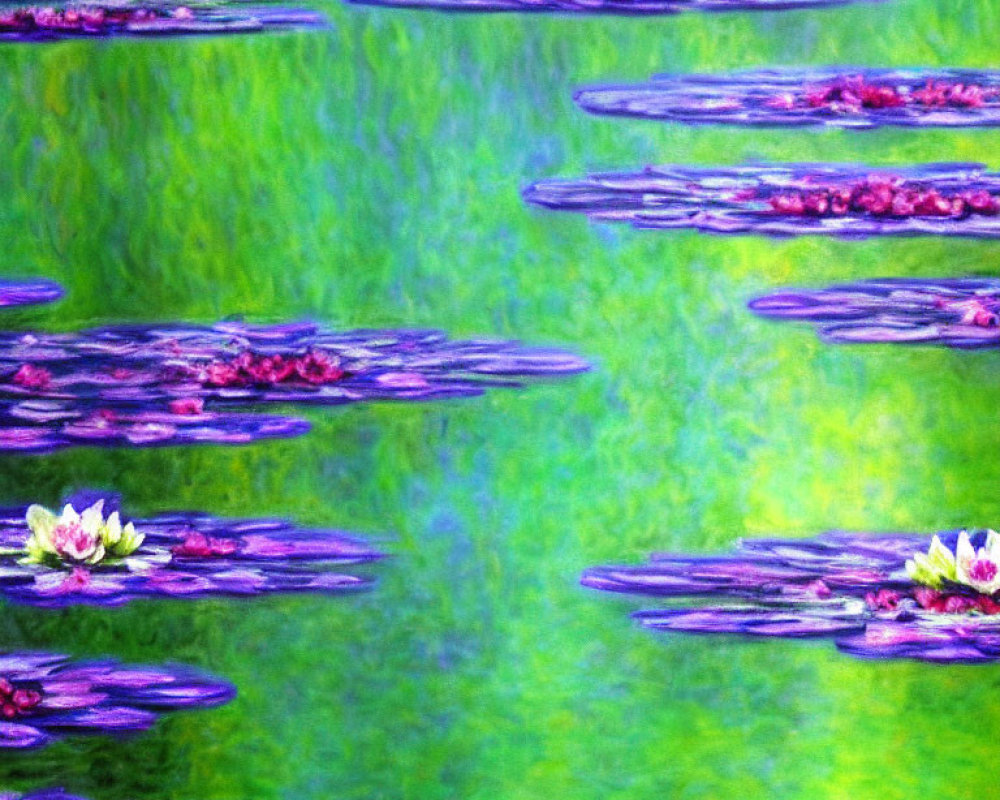Vibrant Pond Painting with Water Lilies and Reflections