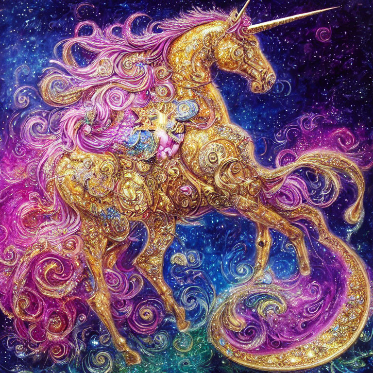 Colorful Golden Unicorn in Cosmic Galaxy Scene