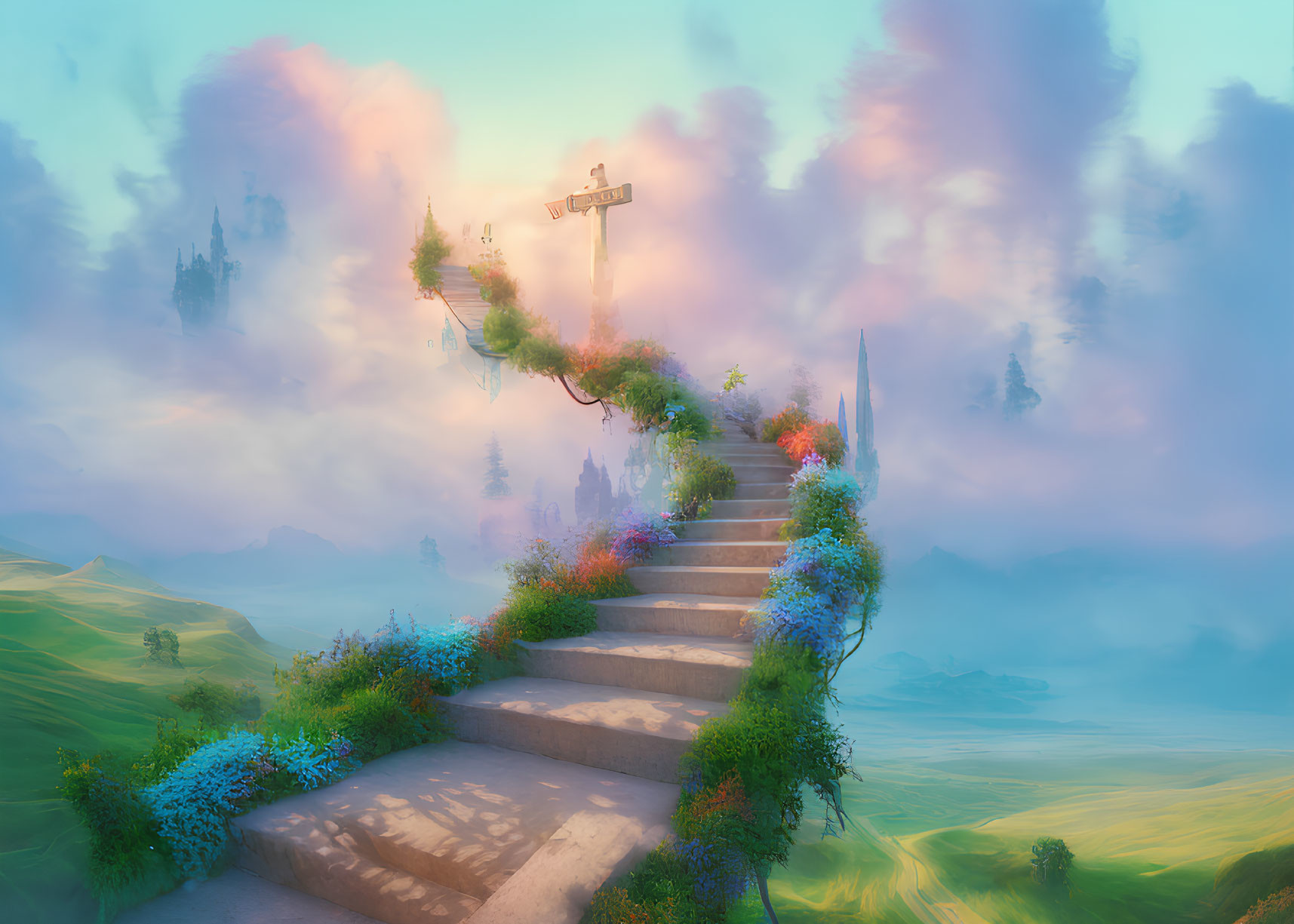Colorful Flower Staircase and Floating Signpost in Cloudy Sky