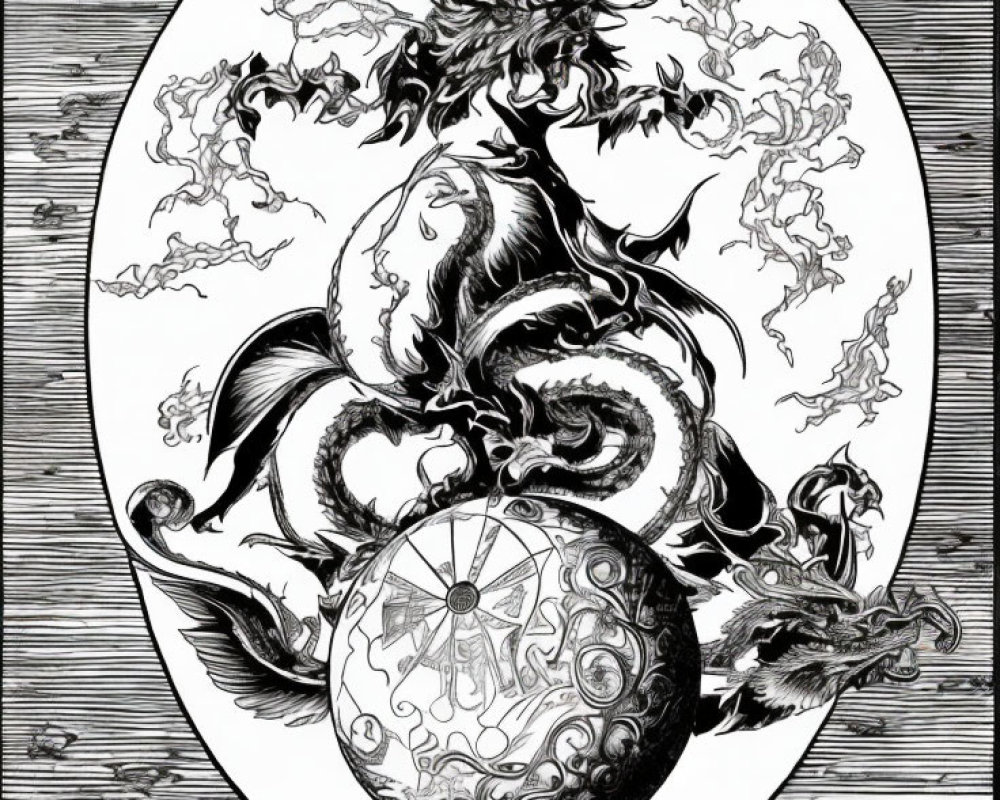 Detailed black and white dragon illustration with compass symbol in oval frame.