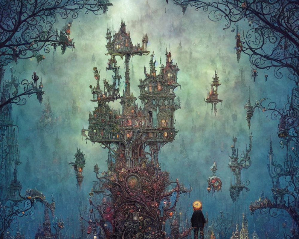 Fantasy treehouse with ornate architecture in mystical twilight