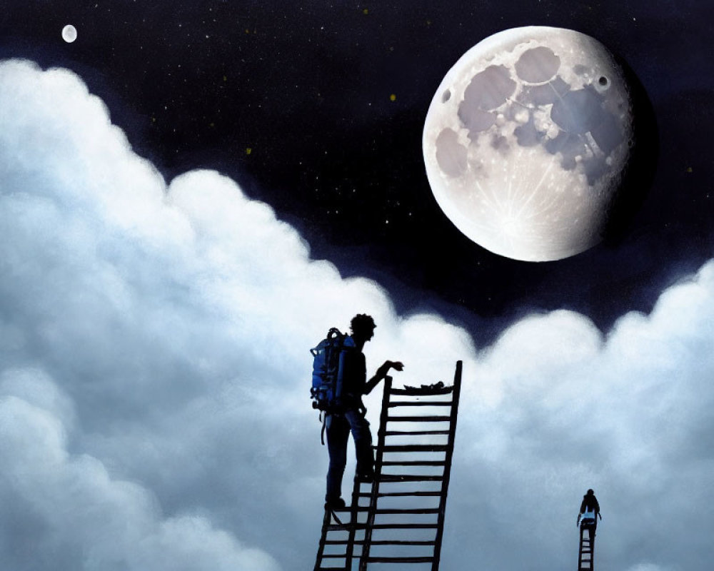 Two people on ladders under starry night sky towards moon