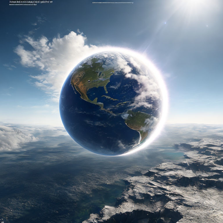 High-Resolution Image of Earth from Space: Curvature, Continents, Clouds, Sun