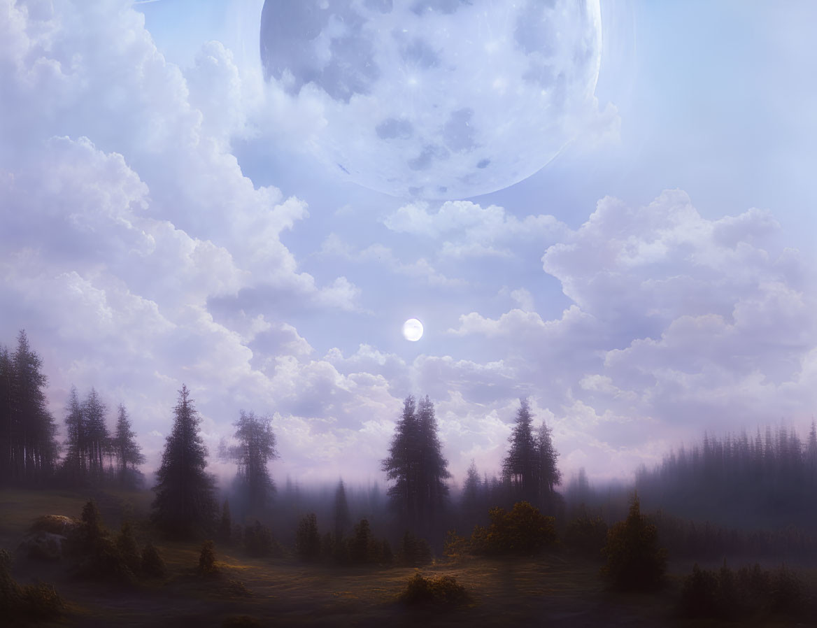 Giant moon over misty forest under cloudy sky