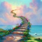 Colorful Flower Staircase and Floating Signpost in Cloudy Sky