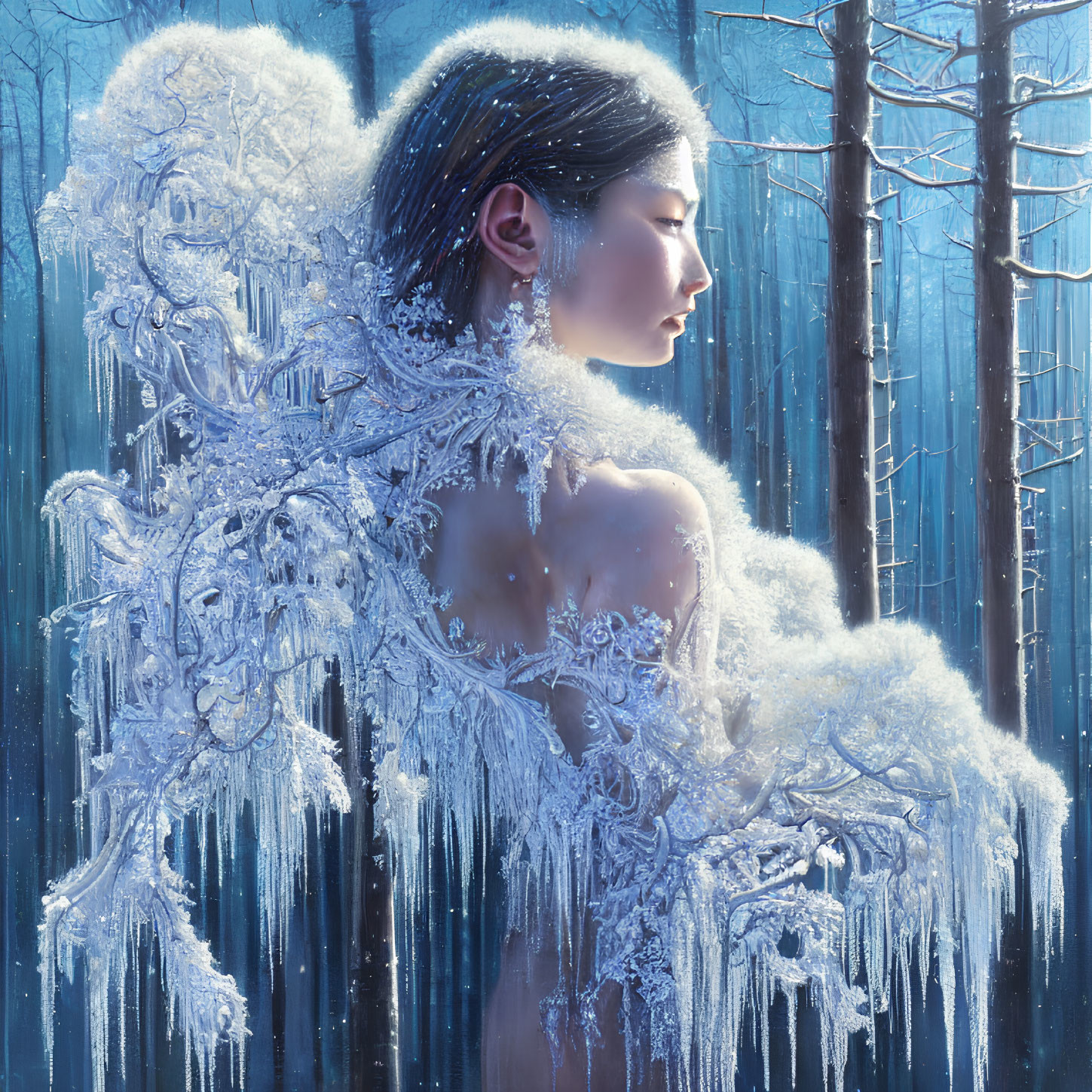 Mystical woman with ice wings in snowy forest landscape