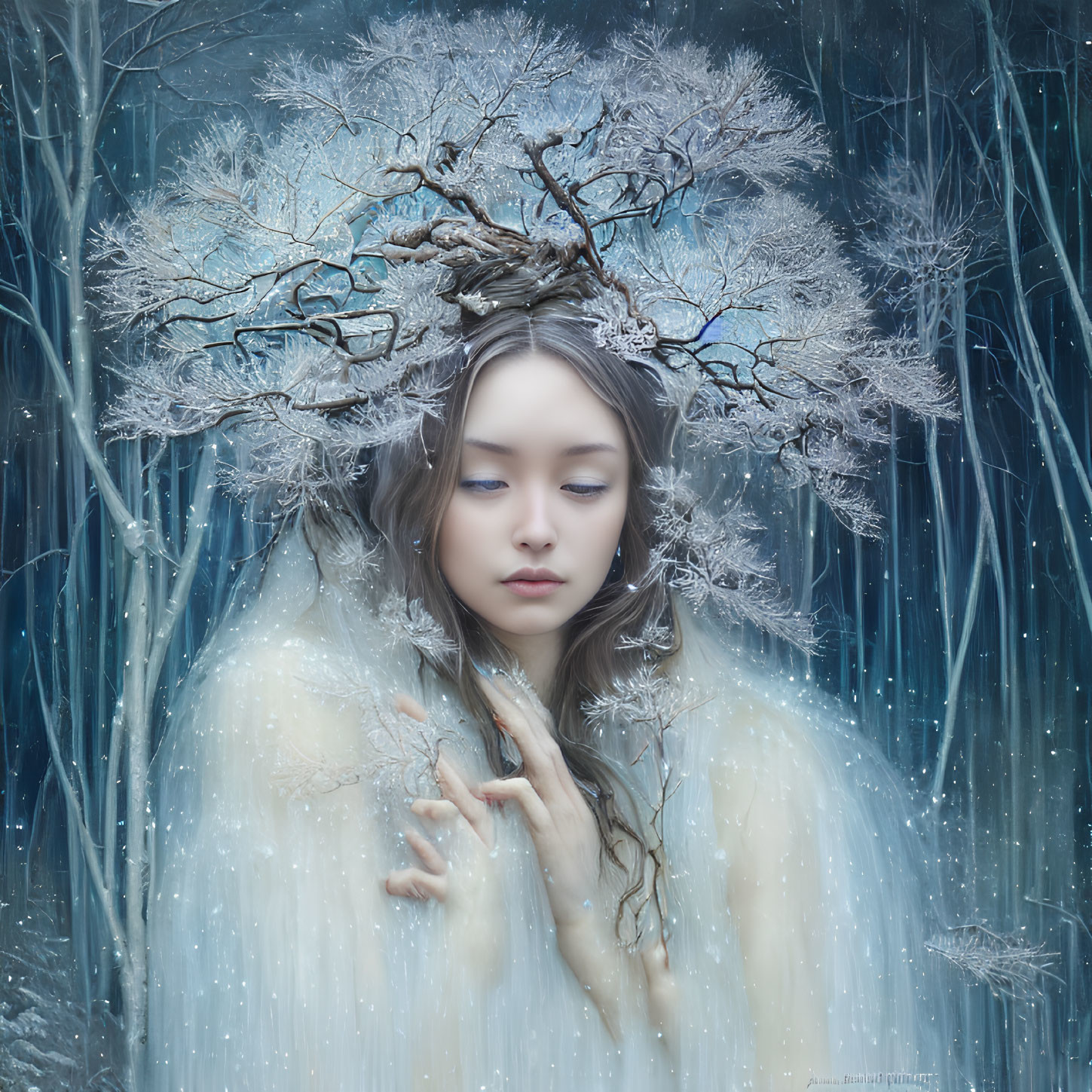Serene woman with tree branch crown in wintery blue forest