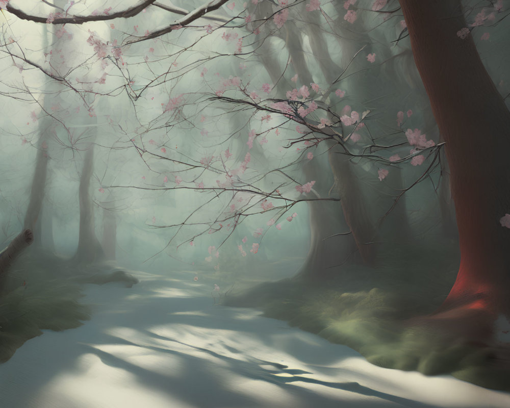 Misty forest scene with cherry blossoms and sunlit path