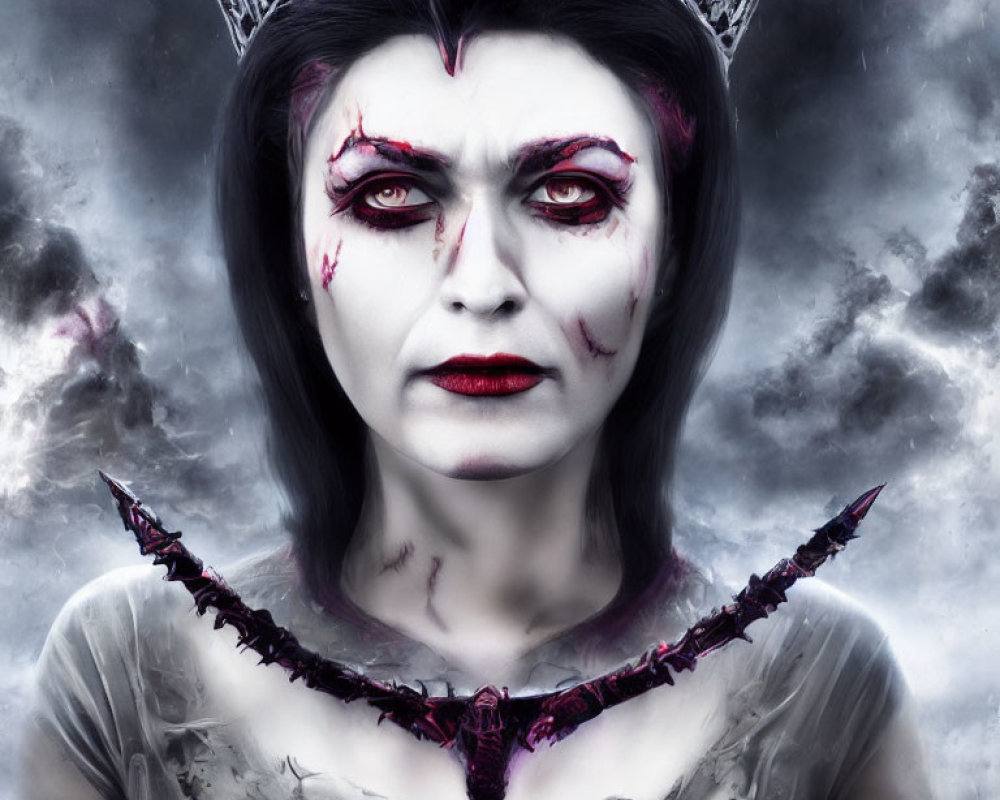 Pale-skinned figure with dark hair and crown, sporting dramatic gothic makeup.