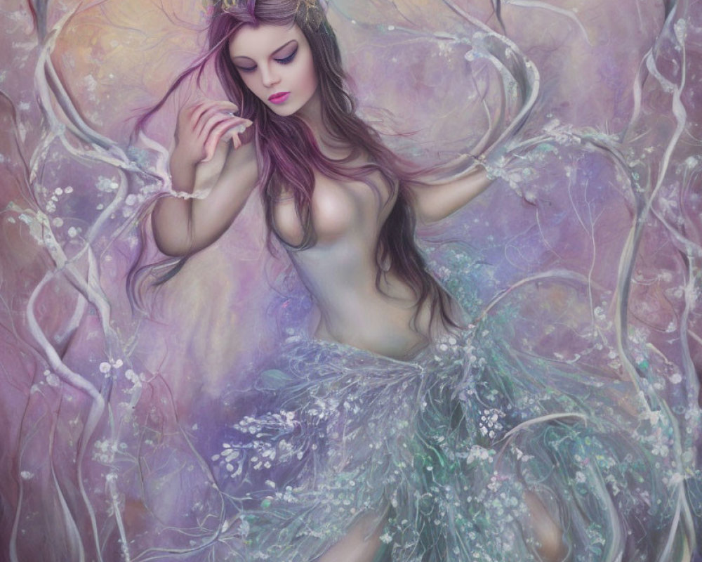 Fantasy illustration of woman with purple hair, twig crown, floral dress emerging from mystical trees