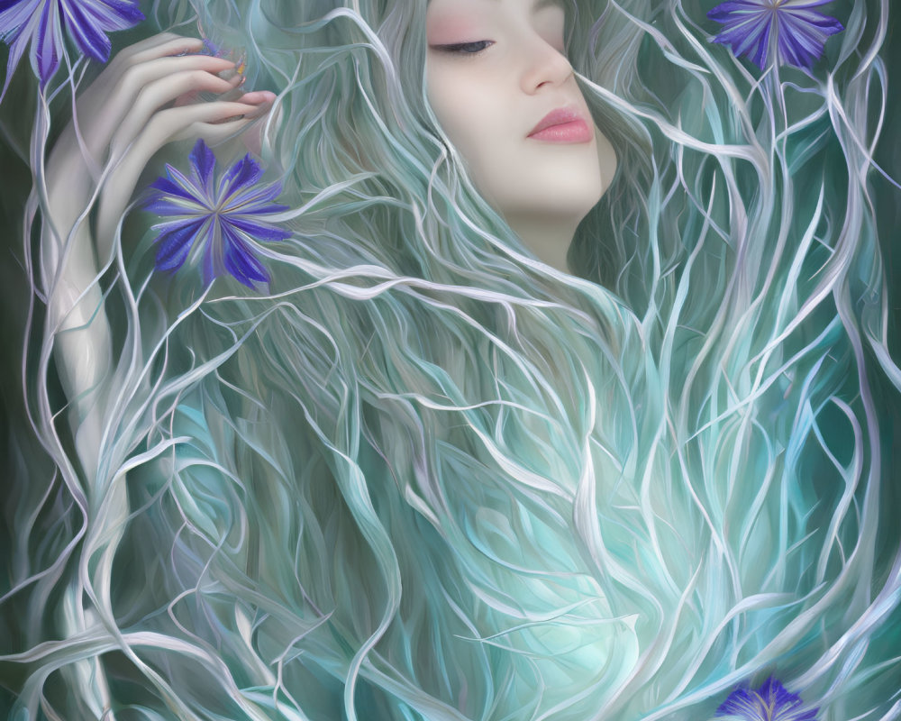 Illustration of woman with teal hair and purple flowers in serene setting