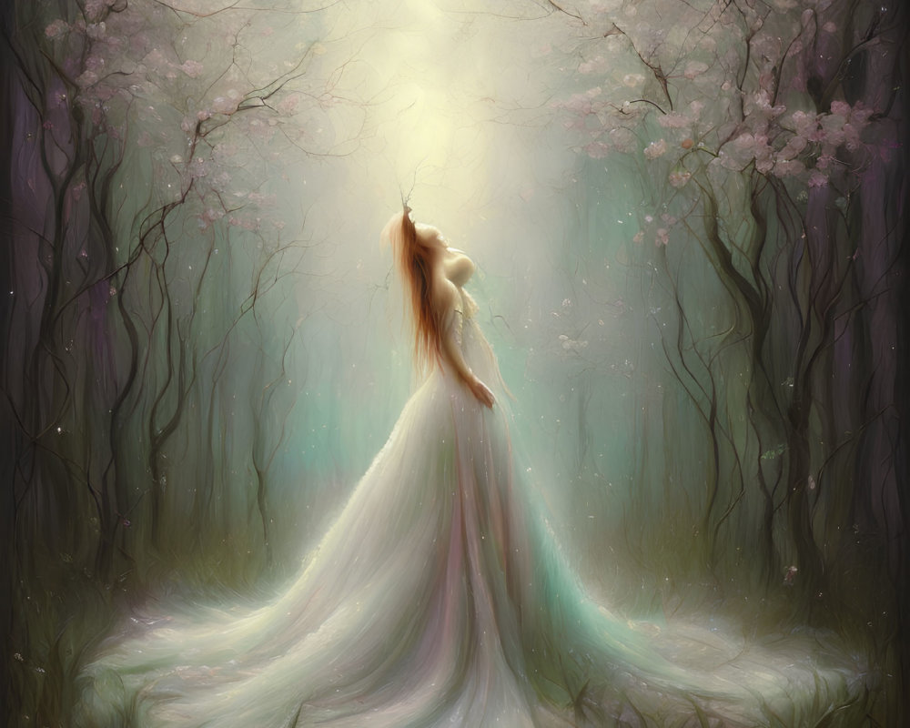 Woman in white gown in magical forest with cherry blossoms and ethereal light.