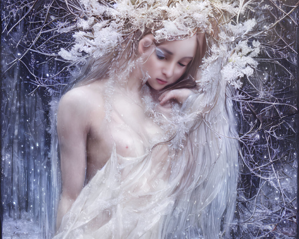 Mystical figure in delicate frost crown and translucent gown amidst snowflake ambiance