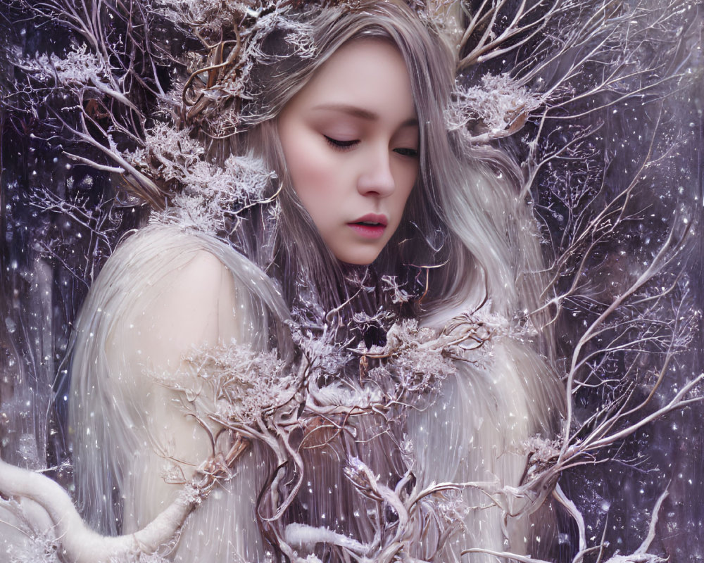 Mystical woman with tree branches and frost in snowy setting