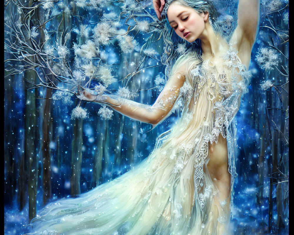 Elaborate icy gown woman in snowy enchanted forest