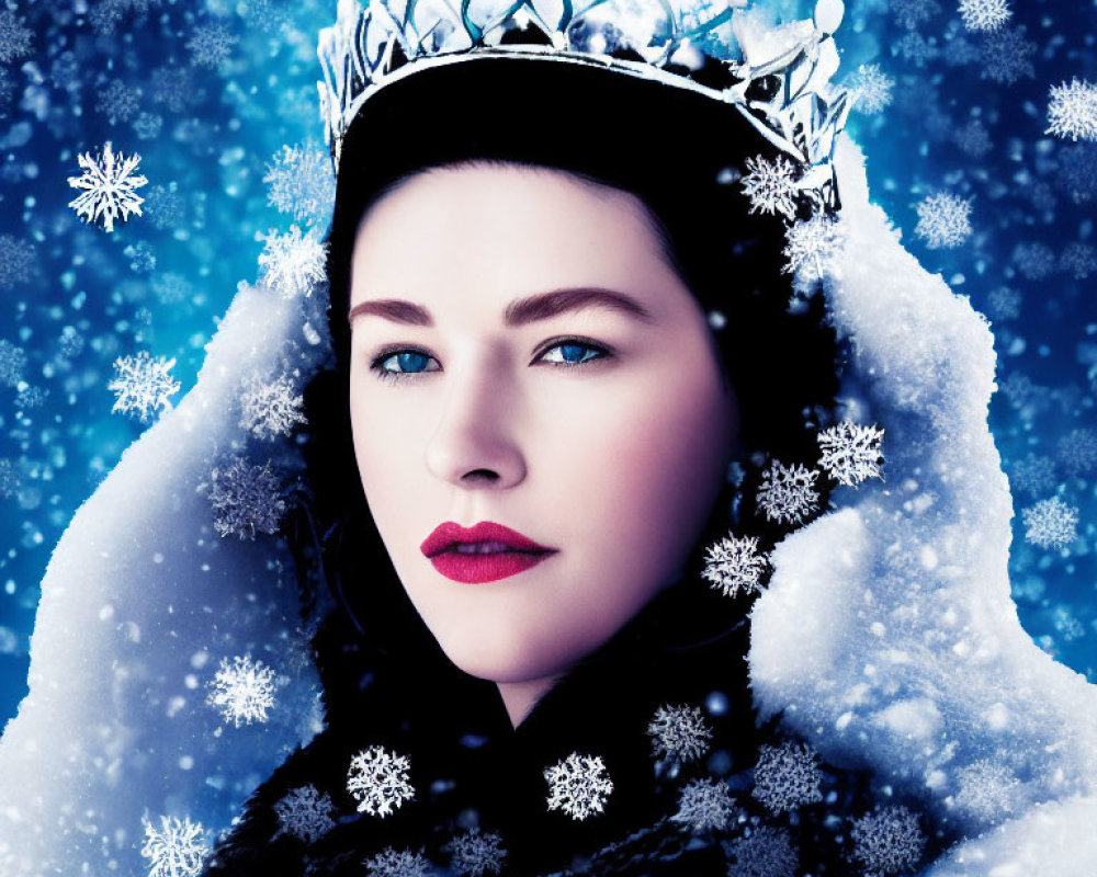 Woman in snowflake crown amid falling snowflakes on blue backdrop