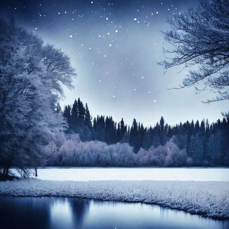 Snow-covered trees, calm lake, starry sky: serene winter scene in blue and white