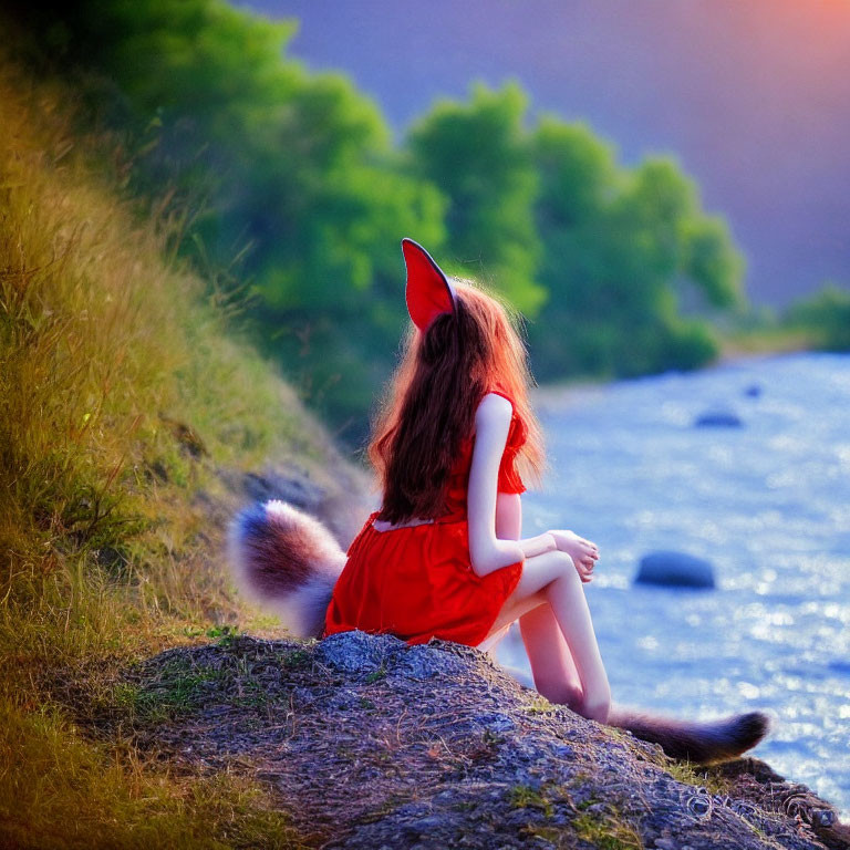 Person in Red Fox Costume Sitting by River at Sunset
