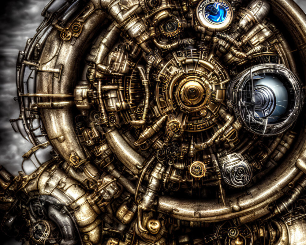 Steampunk-style mechanical assembly with gears, pipes, dials, metallic tones, blue glow,
