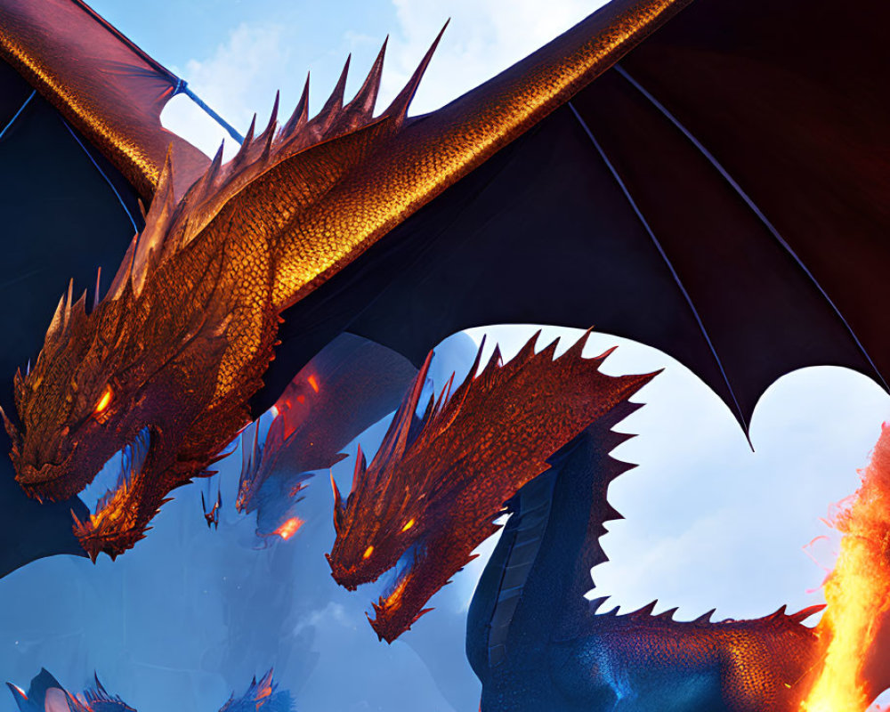 Majestic multi-headed dragon breathing fire under a blue sky