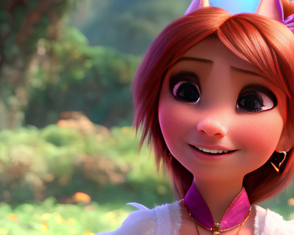 Red-haired animated character in purple dress and necklace, standing in sunlit forest