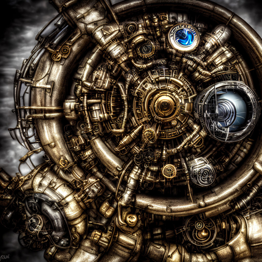 Steampunk-style mechanical assembly with gears, pipes, dials, metallic tones, blue glow,