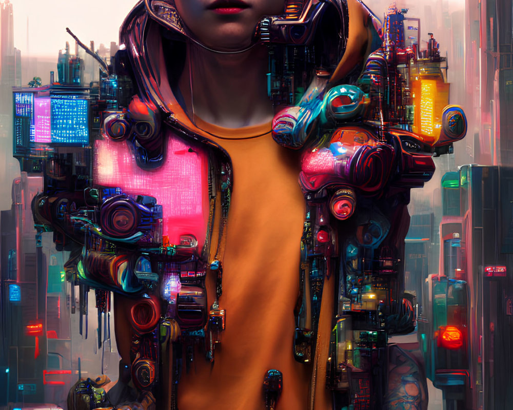Cybernetic Arm Enhancements and Headphones in Futuristic Cityscape