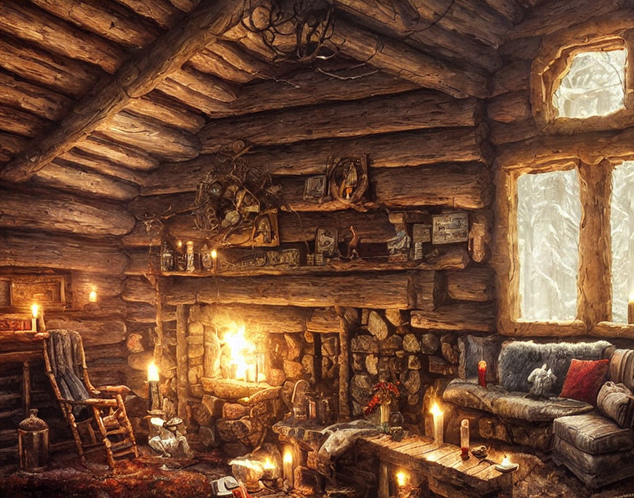 Rustic cabin interior with stone fireplace and vintage decor