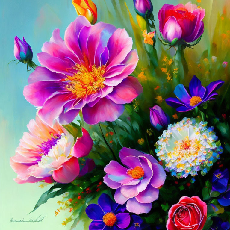 Colorful floral painting with magenta peony and purple roses on light blue background