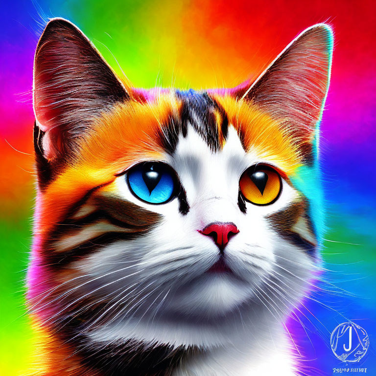 Colorful digital artwork: cat with multicolored fur and heterochromia on rainbow backdrop