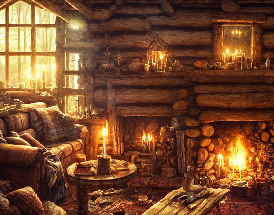 Cozy Wooden Cabin Interior with Candlelight and Fireplace