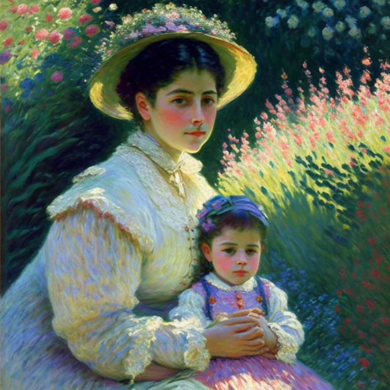 Woman in White Dress Holding Child Surrounded by Flowers