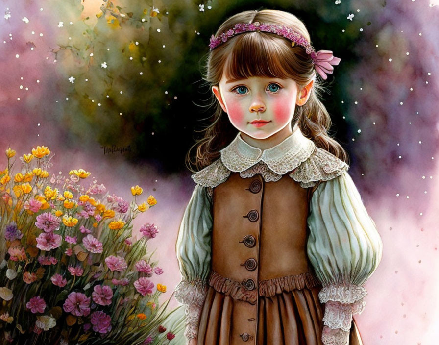 Portrait of Young Girl in Vintage Dress Surrounded by Blooming Flowers