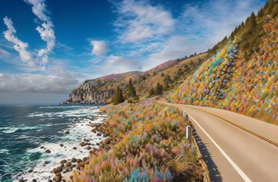 Curving Coastal Road with Vibrant Landscape and Clear Blue Sky