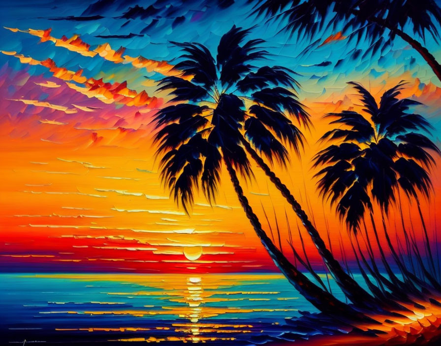 Tropical Sunset Painting with Silhouetted Palm Trees and Warm Colors