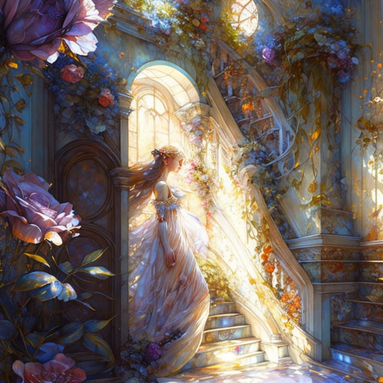 Woman in elegant gown on grand, flower-filled staircase