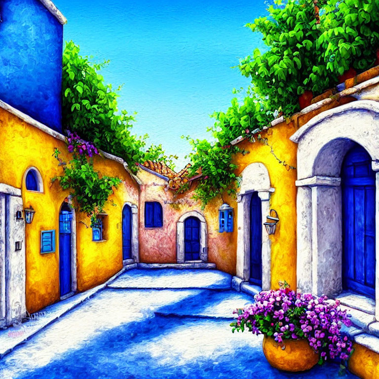 Colorful painting of cobalt blue and sun-kissed yellow alley with lush greenery.