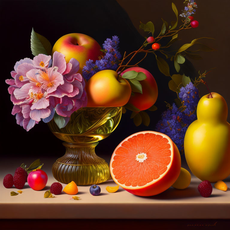 Colorful still life painting with glass vase, flowers, fruits, and nuts