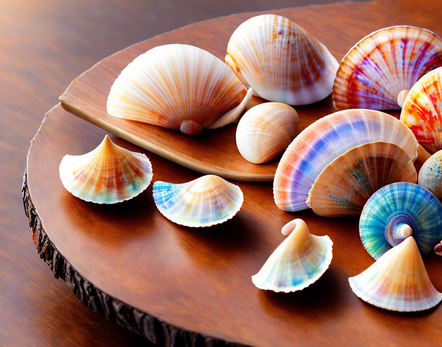 Colorful Seashells on Wooden Surface in Well-Lit Setting