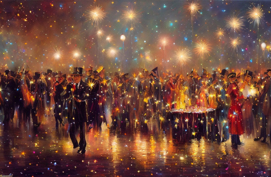 Elegant ballroom scene with guests in formal attire and golden fireworks
